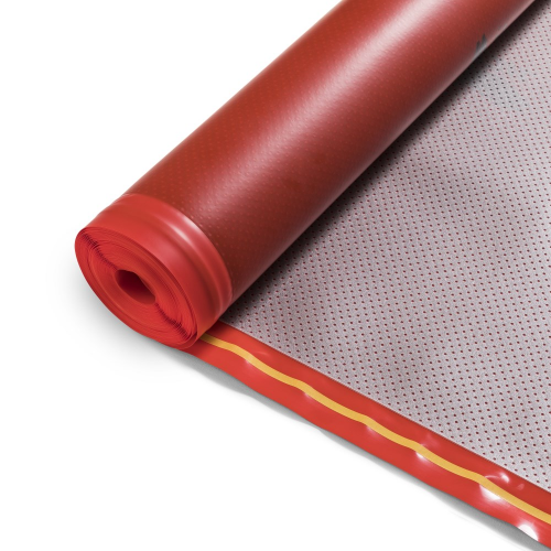 Een rol Heat-Foil 1,2 mm ondervloer met 300 kPa en een Rm-waarde van 0,014 die geschikt is voor vloerverwarming en vloerkoeling